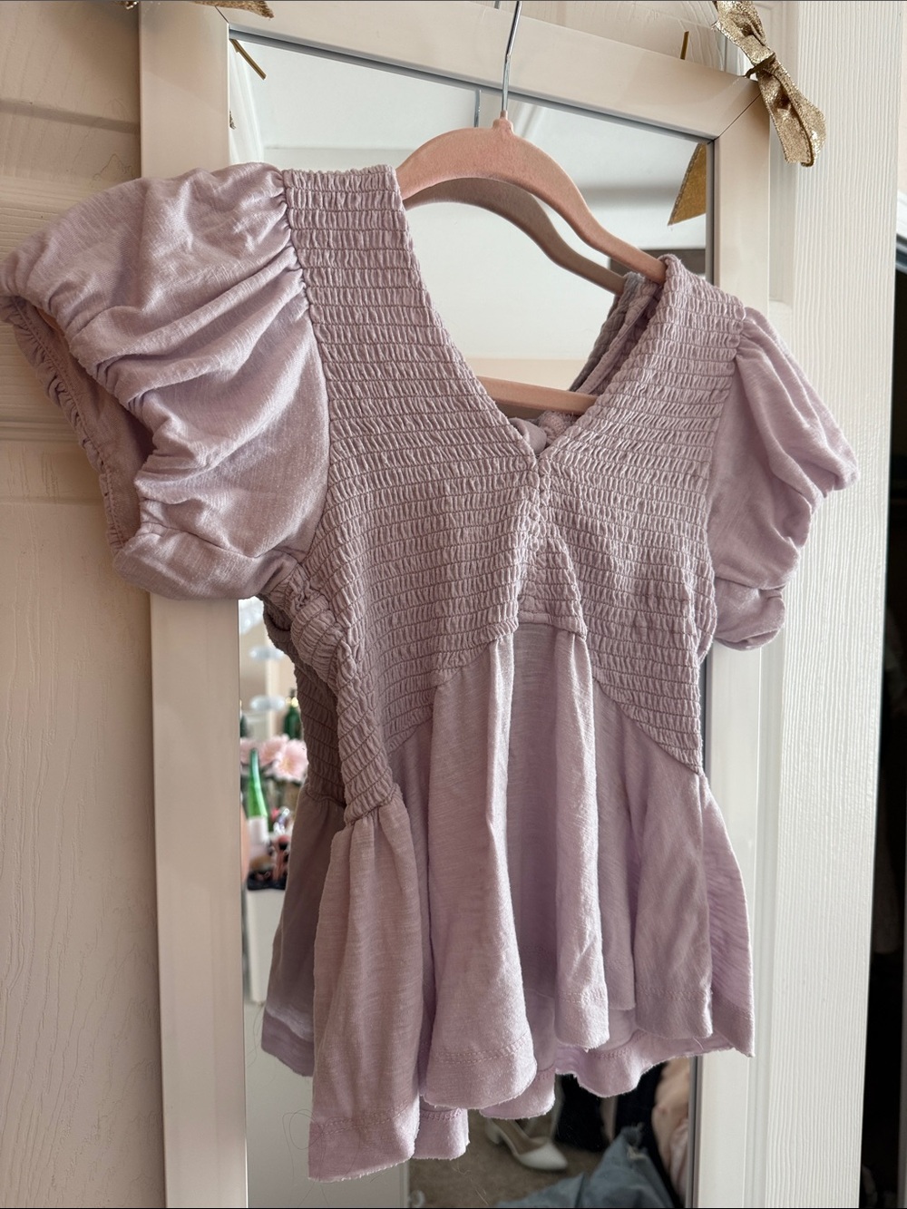 Altar'd State Lilac Smocked Puff Sleeve V-Neck Top